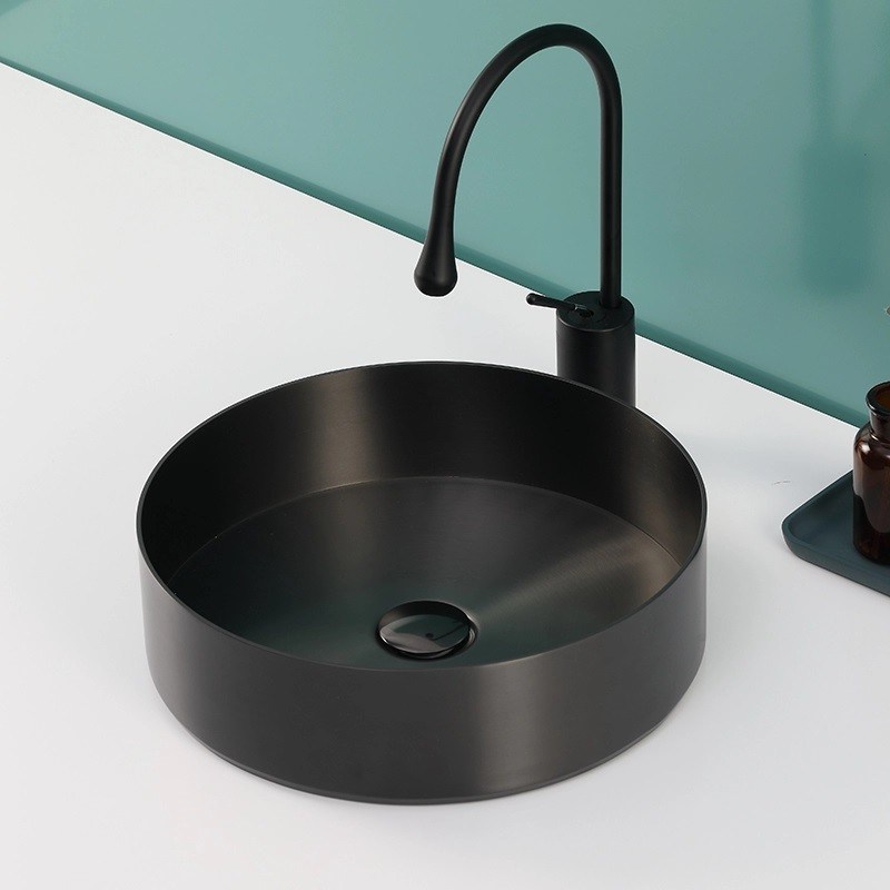 Single Round Bathroom Sinks Durable Stainless Steel Counter Top Gold