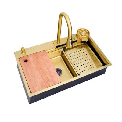 Tiktok New Trend Large 40 Inch Modern Golden Workstation Sinks One Piece Waterfall Faucet 304 Stainless Steel Kitchen Sinks Basin Bionic Honeycomb Black Kitchen Sink