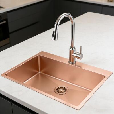 New Modern Pvd Rose Gold Kitchen Sinks With Drainer Faucet Topmount Bset Black Stainless Steel Sink For Home Apartment Hotel Use