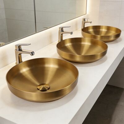 High Quality Artist Scratch Resistant Bathroom Sinks Stainless Steel SS304 Thick Round Copper Sink Wash Hand Popular Europe Gold Wash Basins For Hotel Apartment