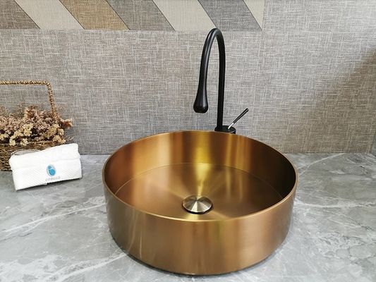 Single Round Bathroom Sinks Durable Stainless Steel Counter Top Gold